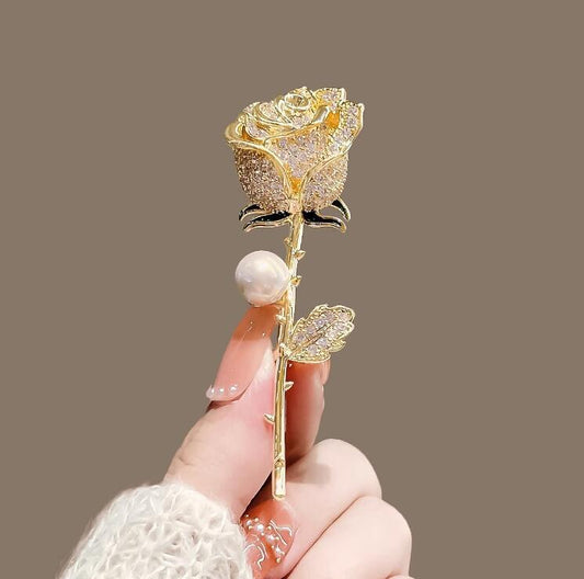 Metal Full Diamond Pearl Rose Brooch