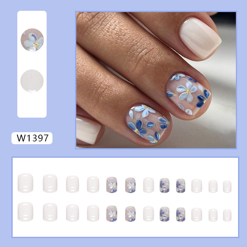 Short Blue Vintage Floral Square Fake Nails