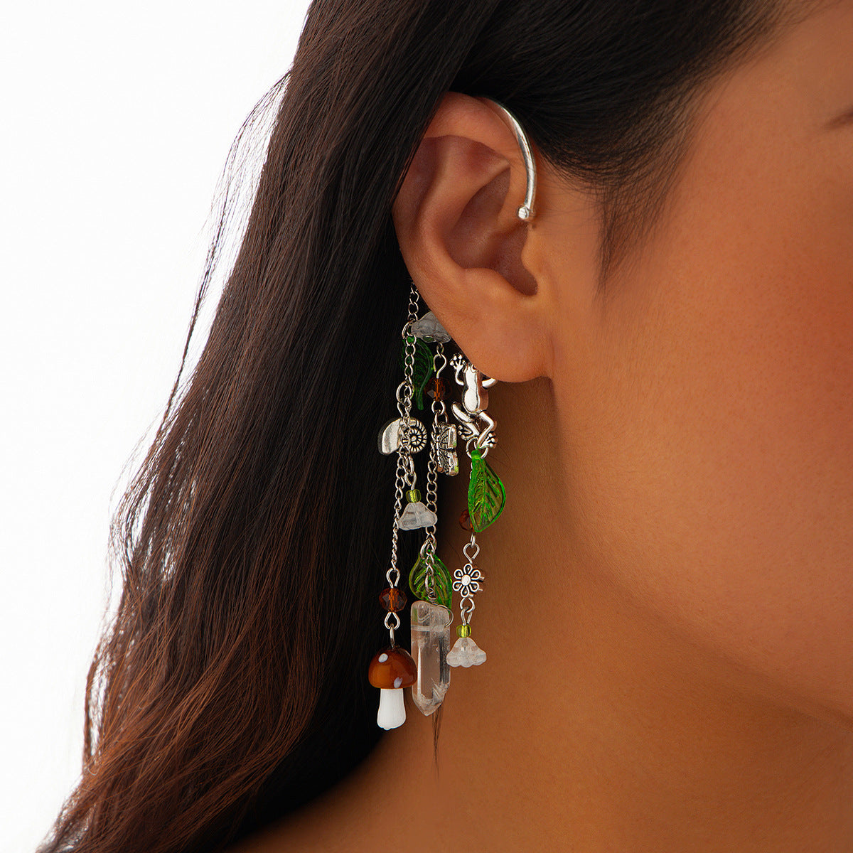 Alloy holeless tassel long earrings