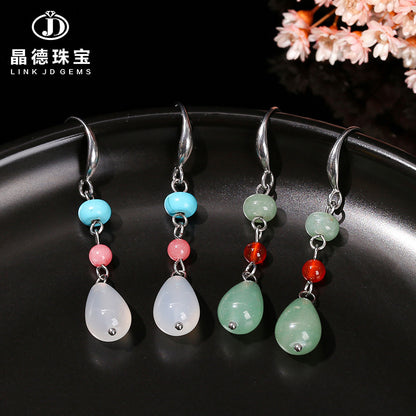 Natural green Dongling white agate water drop earrings