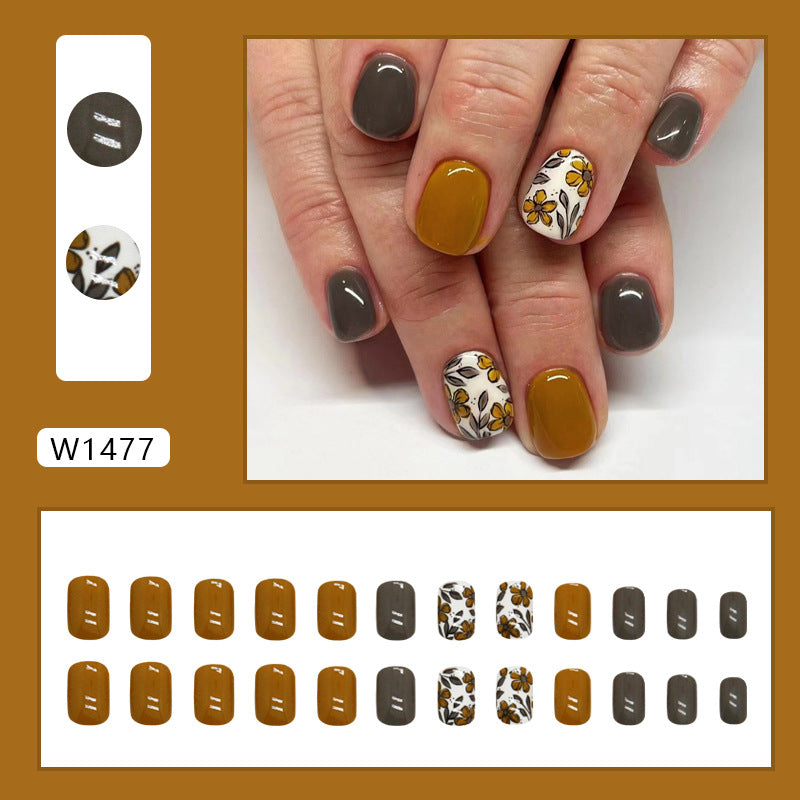 Square Brown Coffee Vintage Floral Fake Nails