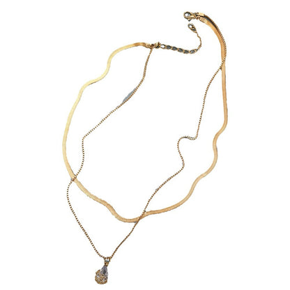 Golden teardrop zircon double-layer necklace