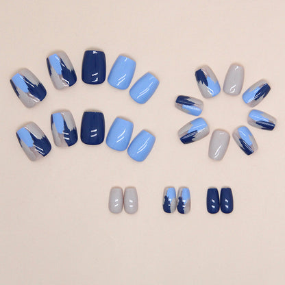 Short Deep Blue Contrast T-Shape Fake Nails