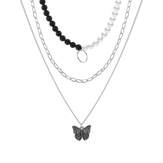 Butterfly Pendant Multi-layer Necklace Black and White Beads