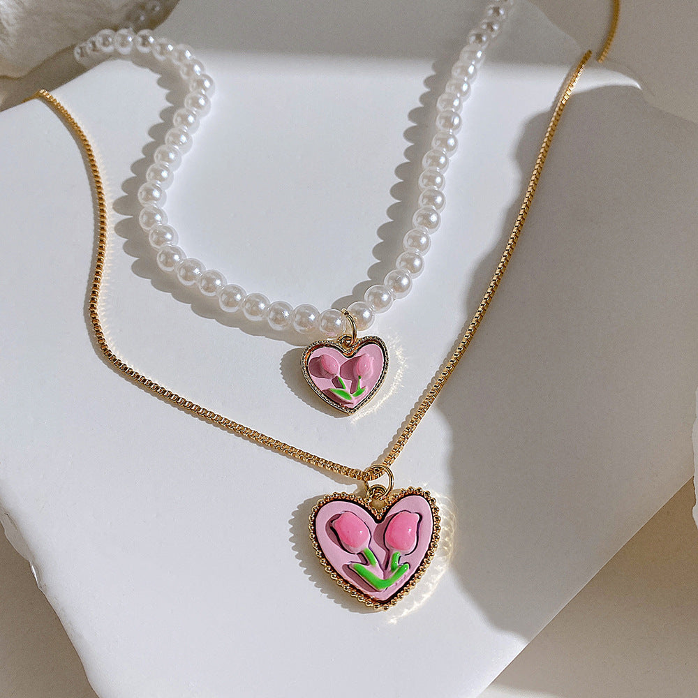 Double Tulip Heart Pendant Necklace