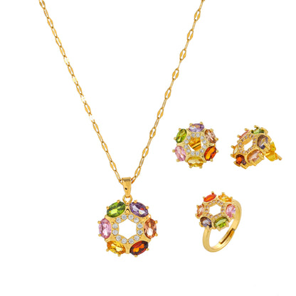 Colorful Zircon Circle Necklace, Earrings, Ring Set Wholesale