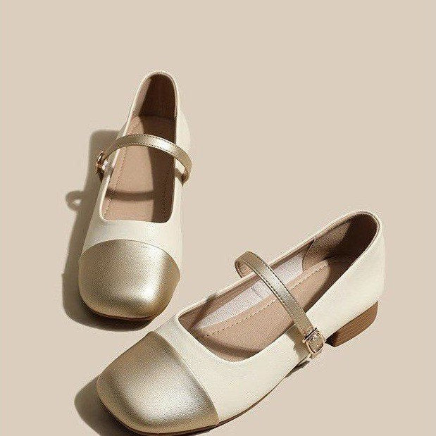 Gold single shoes thick heel leather shoes