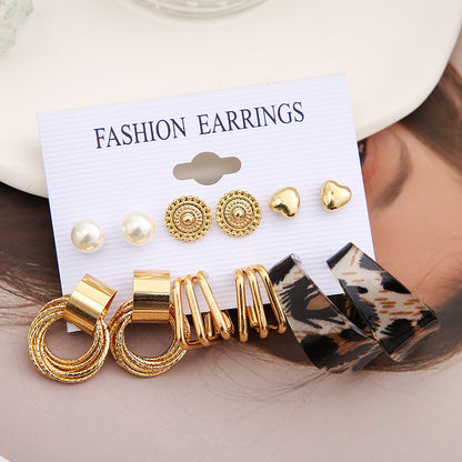 Leopard print C-shaped earrings set 6 pairs