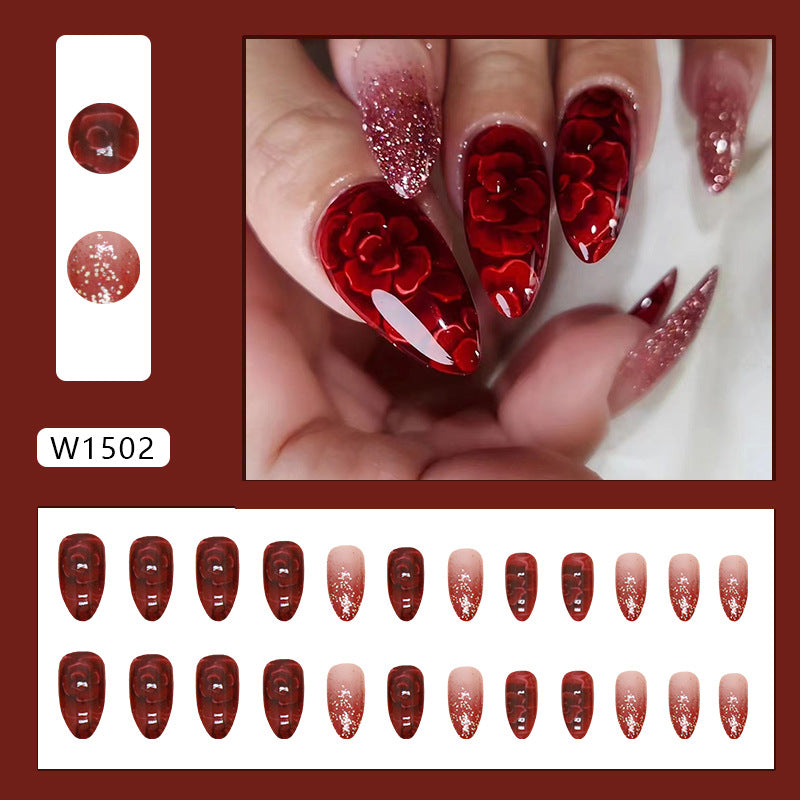 Red Floral Almond Shape Glitter Fake Nails