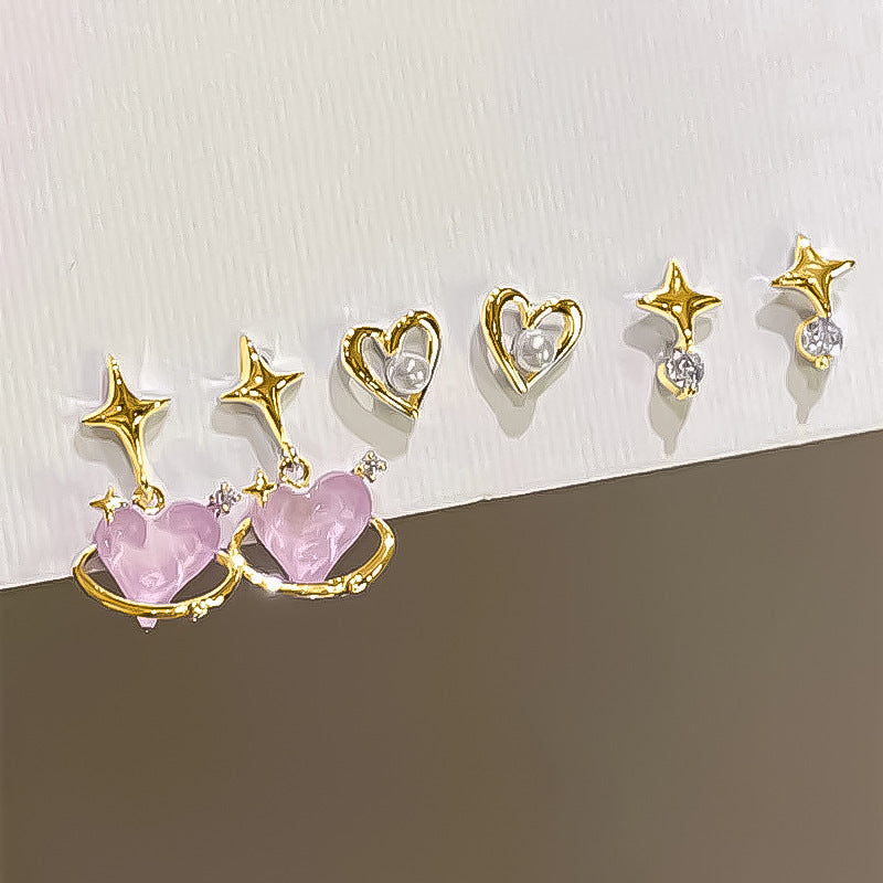 Pink Heart Star Six-piece Earring Set