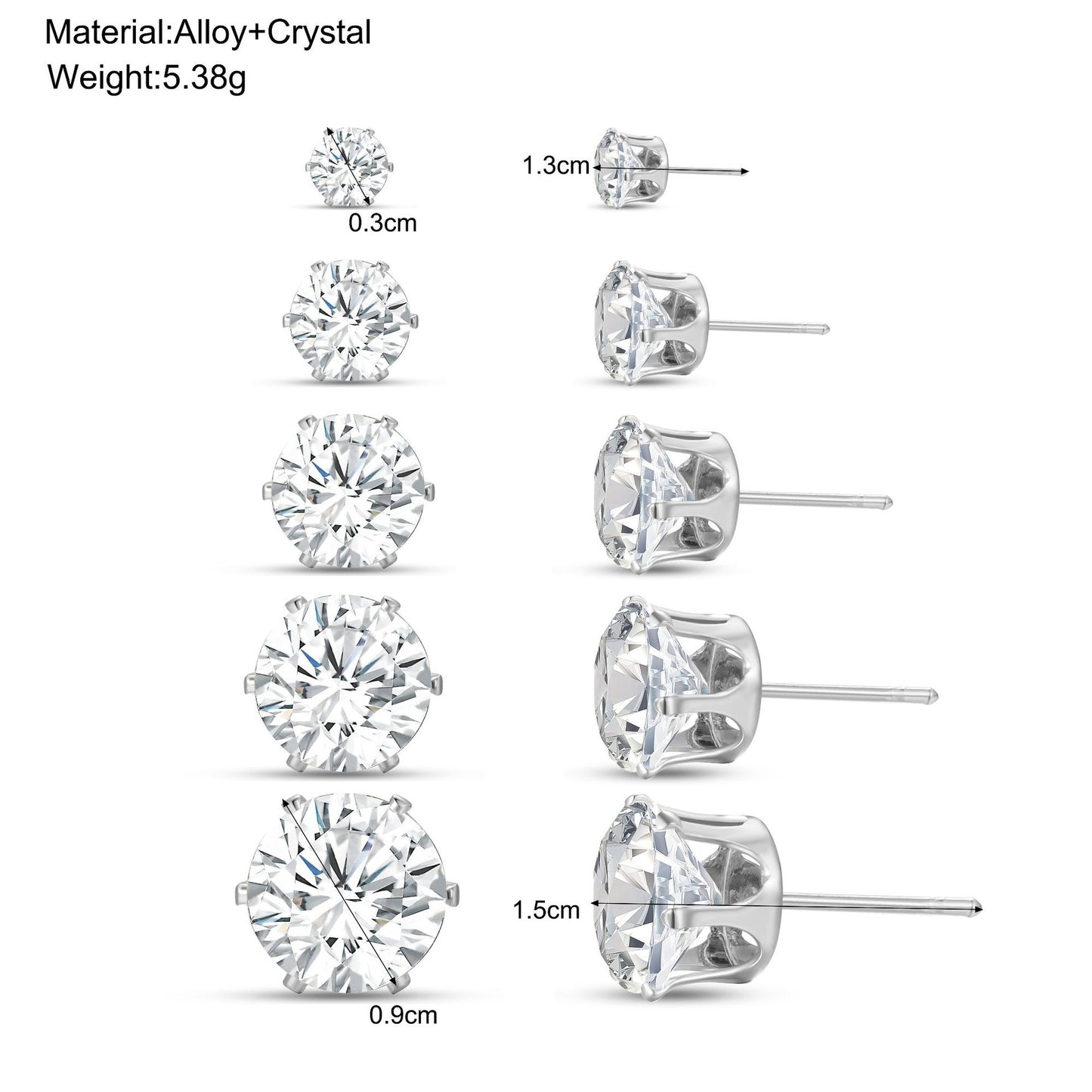 Set of 5 pairs of four-claw rhinestone earrings