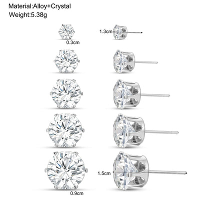 Set of 5 pairs of four-claw rhinestone earrings