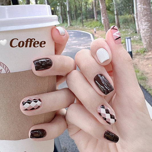 Coffee Checkered Milk White Deep Coffee Nails