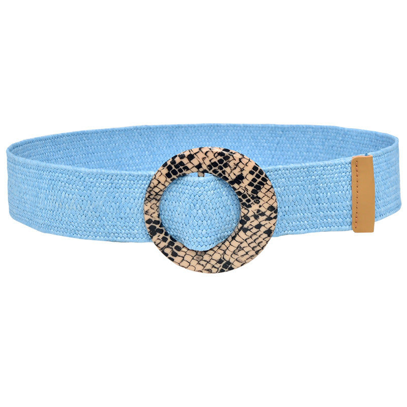 Wooden buckle grass woven wide women's belt