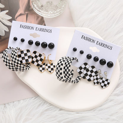 Black C-shaped stud earrings set of 6 pairs