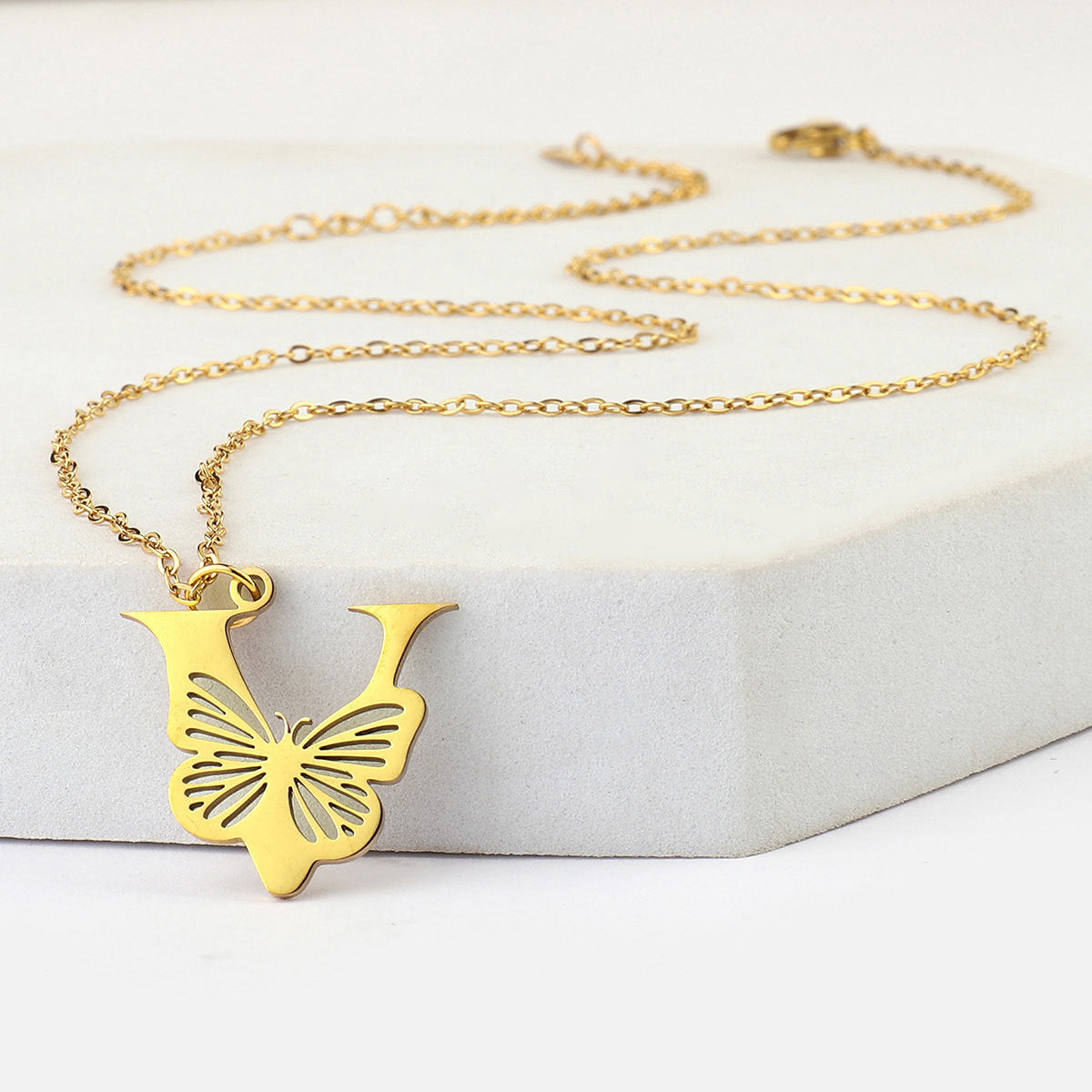 26 letter butterfly titanium steel hollow necklace