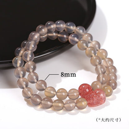 Grey agate strawberry crystal Pixiu double ring bracelet