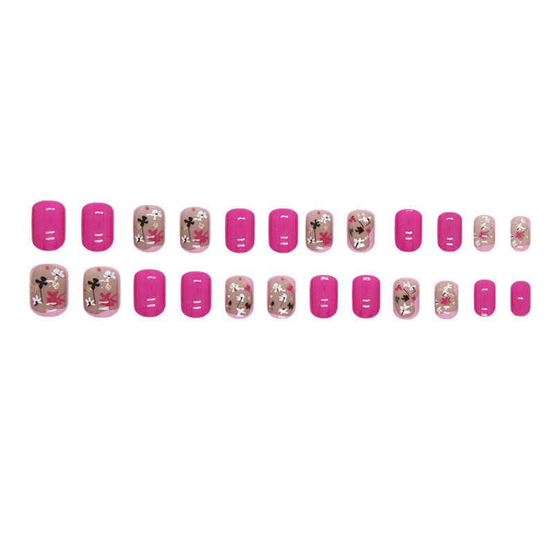 Short Square Magenta Floral Fake Nails