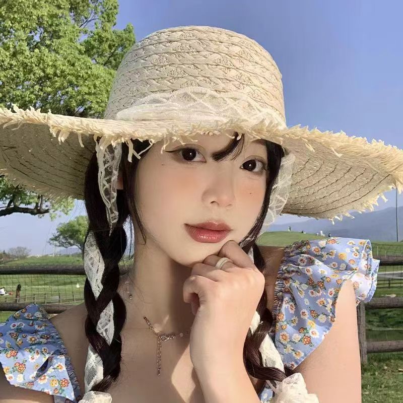 Lace Ribbon Large Brim Sun Straw Hat