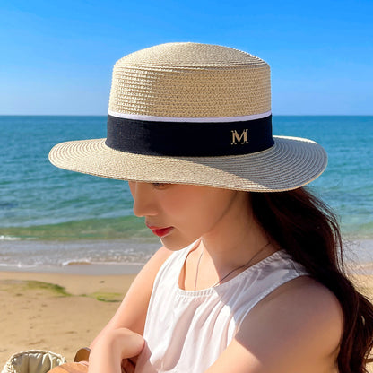 Trend Flat Brim Woven Straw Sun Hat Women Summer Travel British Jazz UV Beach