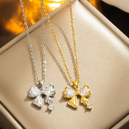 Korean Style Necklace with Bow Pendant, Wholesale Stainless Steel Collarbone Chain