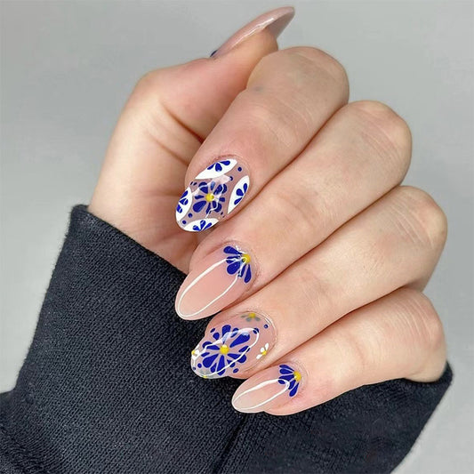 Short Oval Blue Floral Nails