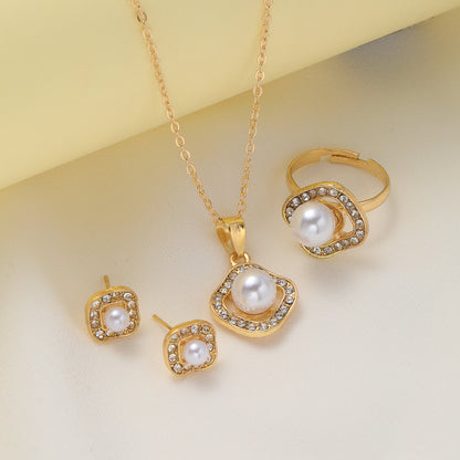 Diamond Square Pearl Earrings, Ring and Necklace Set