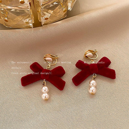 Burgundy Flocking Bow Flower Ear Clips