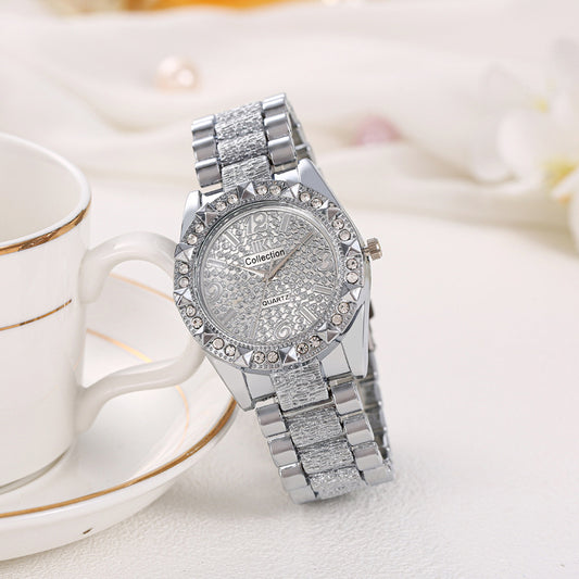 Diamond-Embedded Engraved Quartz Watch Unisex