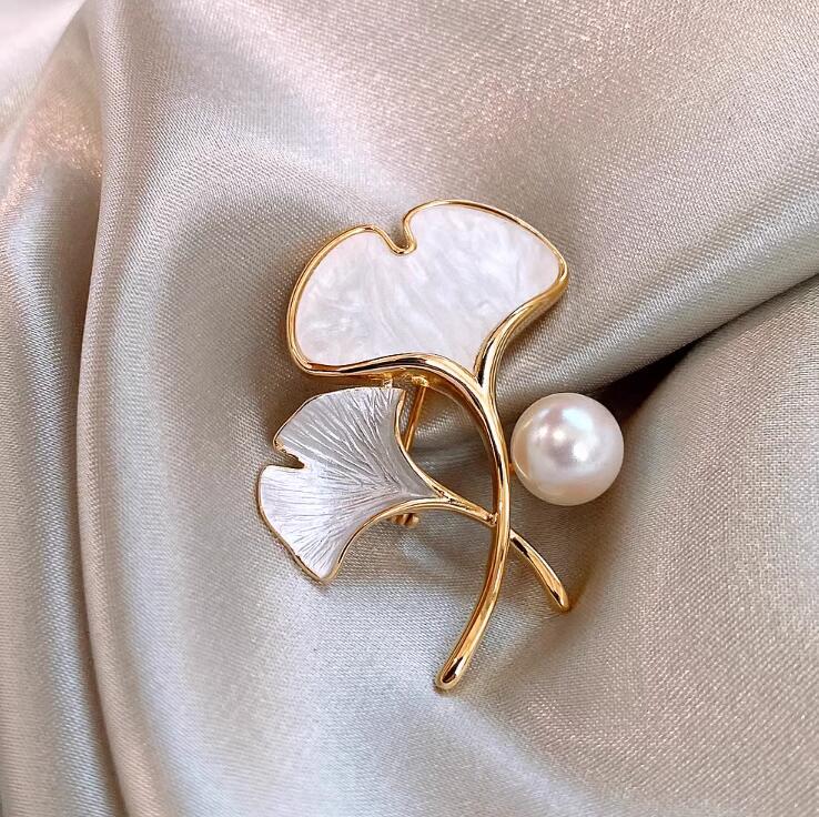 Ginkgo Biloba Pearl Brooch