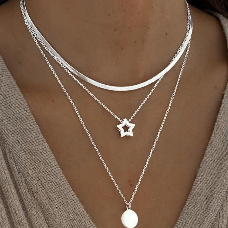 Three-layer necklace star round pendant