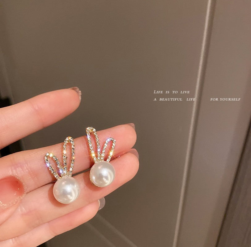 Pearl Diamond Rabbit Ear Stud Earrings