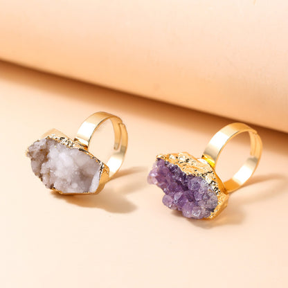 Natural amethyst cluster electroplated gold open ring