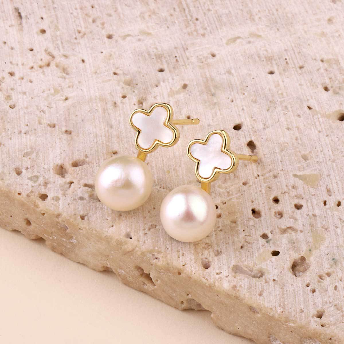 Natural Pearl Stud Earrings Clover Shell Butterfly