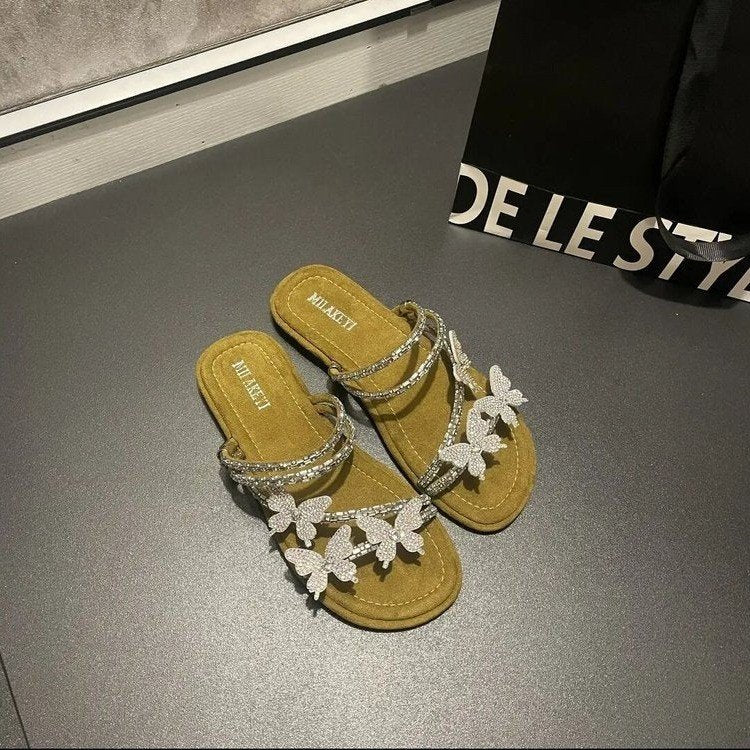 Rhinestone Butterfly Section Flat Slippers