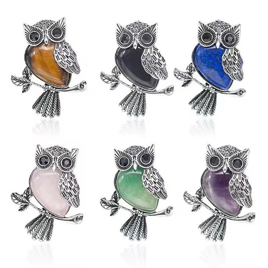 Natural Stone Crystal Owl Animal Pendant