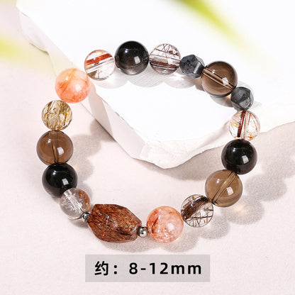 Natural color hair crystal, tea crystal, silver obsidian mixed bracelet.