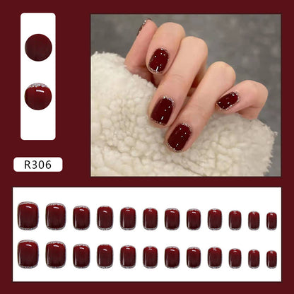 Autumn-Winter Burgundy Glitter Removable Wearable Nails