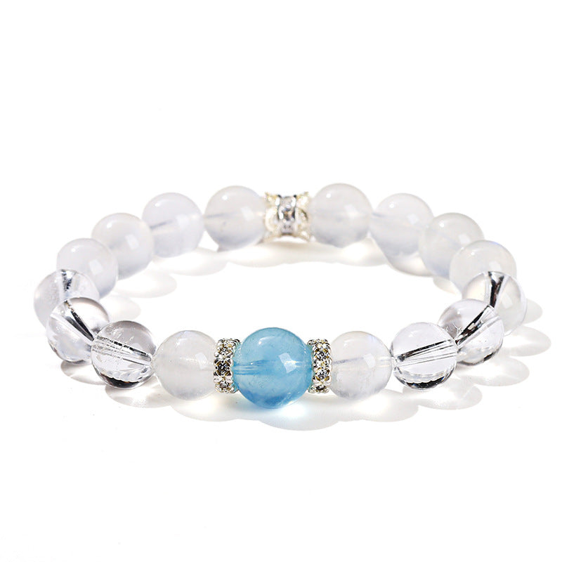 7A Natural White Crystal Blue Moonstone Round Bead Bracelet