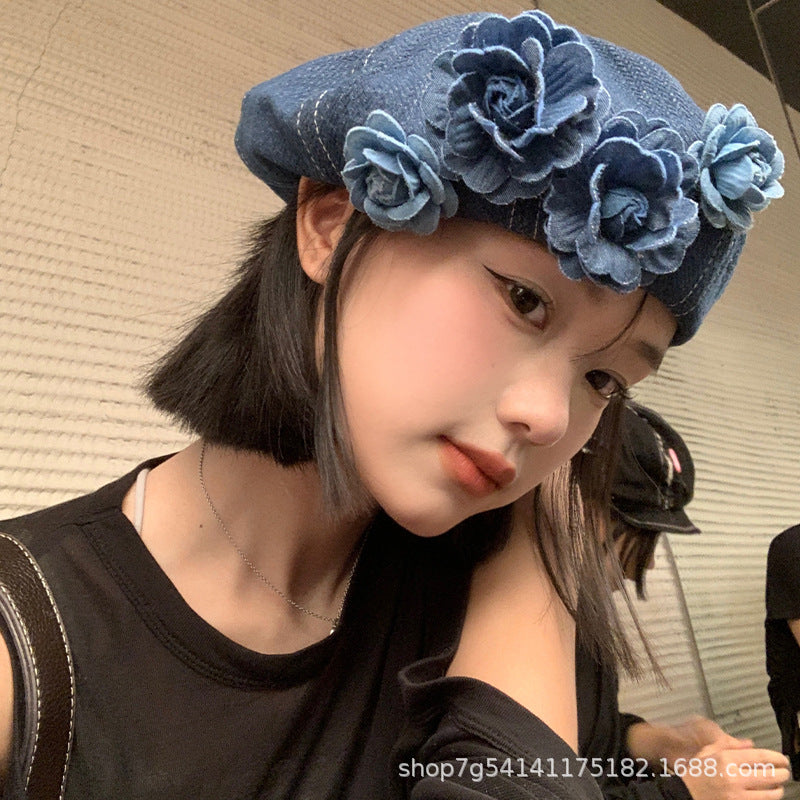 Floral Denim Beret