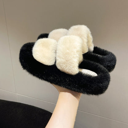 New color-blocked platform shearling slippers