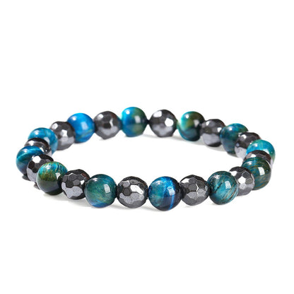 Natural black gallstone sapphire blue tiger's eye stone round bead bracelet.