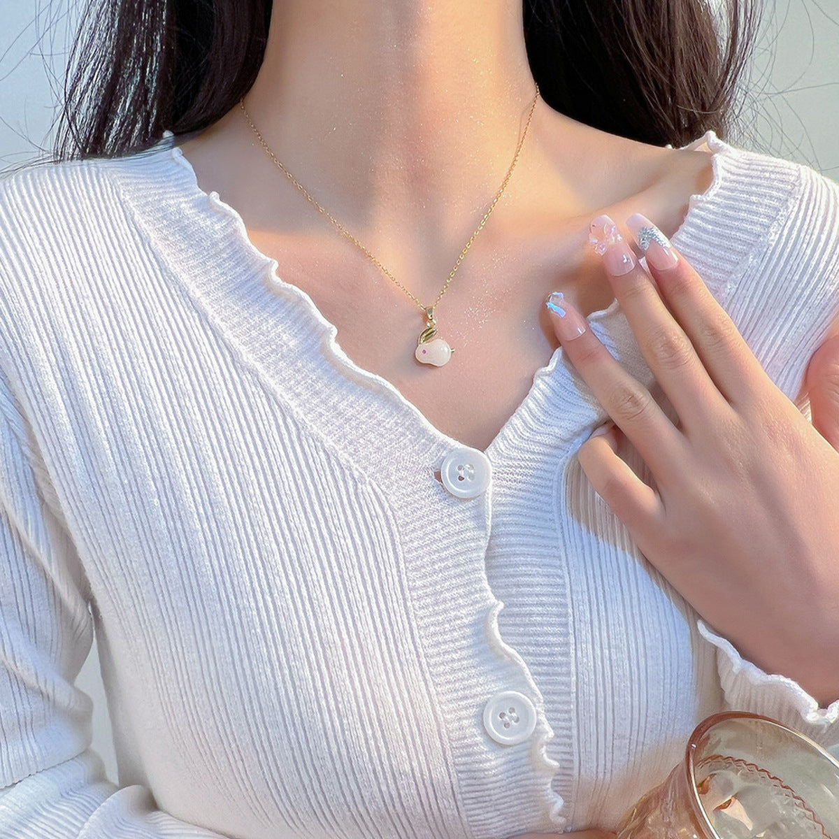 Imitation Hetian Jade Rabbit Moon Necklace