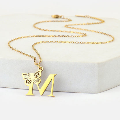 26 letter butterfly titanium steel hollow necklace