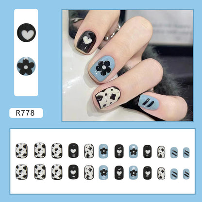 Black White Blue Sweet Short Nails