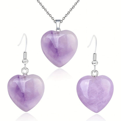 Natural Stone Heart Stainless Steel Necklace Earring Set