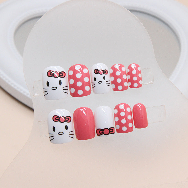 Bowknot Cat Polka Dot Pink Short Round Nails