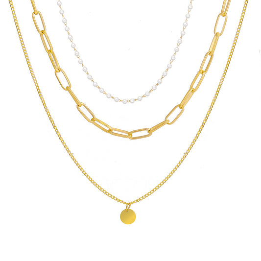 Chain disc pendant multi-layer pearl necklace