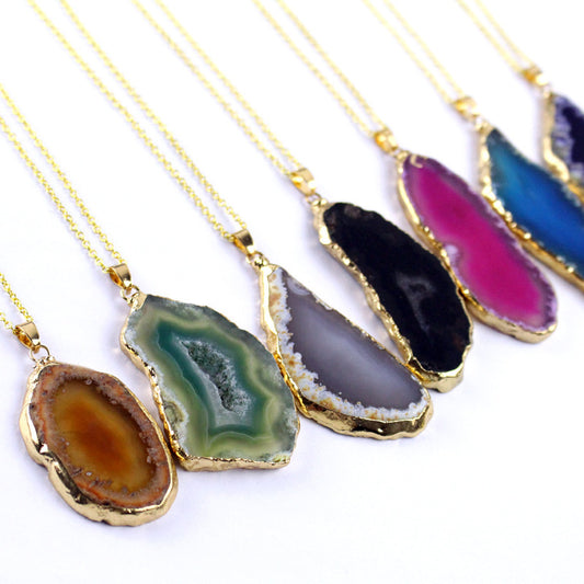 Crystal irregular gold-plated agate slice pendant