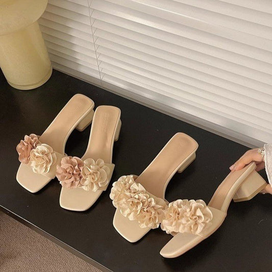 Flower medium heel one-word cool slippers